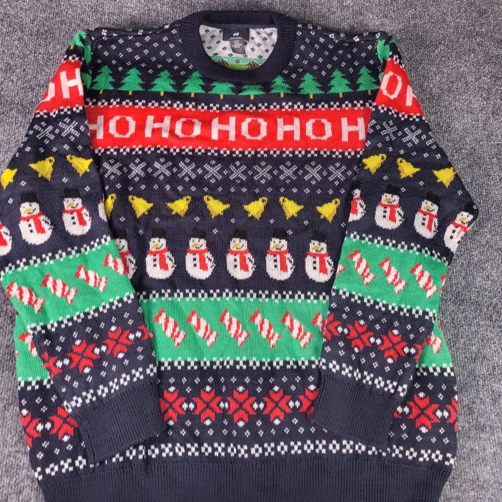 HM Mens XL Ugly Christmas Sweater Ho Ho Ho Snowman Candy Cane Fair Isle Navy